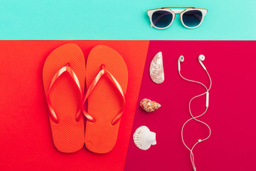 Summer holiday background, Beach accessories on color block background