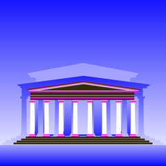 Stylized museum building on a blue background.