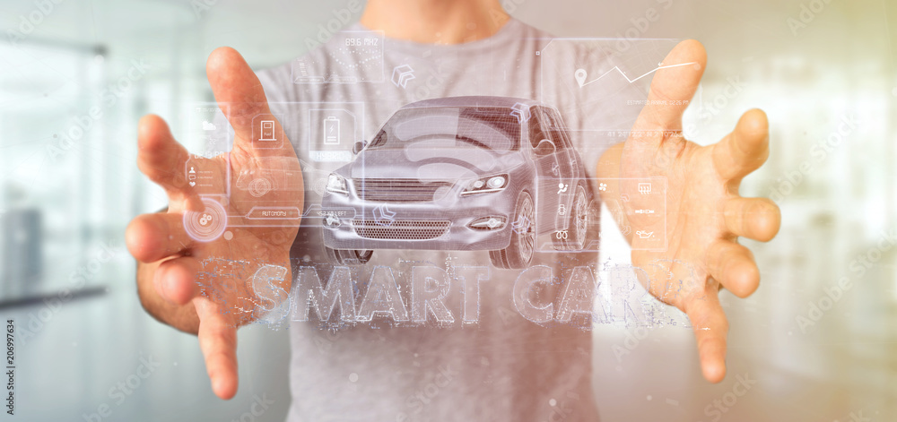 Poster man holding a dashboard smartcar interface dashboard 3d rendering