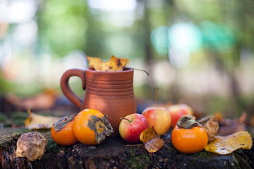 Fruit natural composition with orange persimmons, red apples and autumn leaves on a forest stump outside