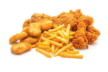 fried chicken with french fries and nuggets meal (junk food and unhealthy food)