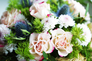 Bouquet of flowers with roses and other plants close up