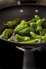 Green Peppers Padron Preparation in the Frying Pan