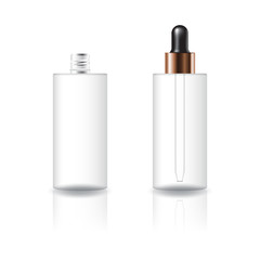 Blank clear cosmetic cylinder bottle with dropper lid for beauty product packaging. Isolated on white background with reflection shadow. Ready to use for package design. Vector illustration.