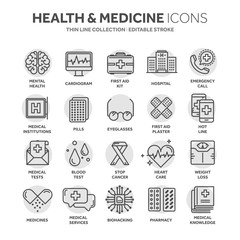 Health care, medicine. First aid. Medical blood tests and diagnostic. Heart cardiogram. Pills and drugs.Thin line black web icon set. Outline icons collection.Circle element.
