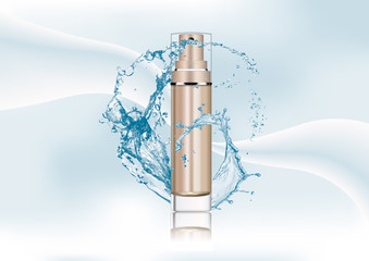 Vector empty bronze gold package for cosmetic products with pump, tube for lotion, tonic, cream. Realistic mockup of glass container with batcher isolated on white-transparent background.