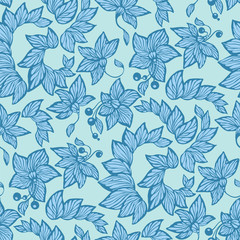 Fototapeta premium Seamless pattern in blue colors in vector graphic with flowers, beads and leaves
