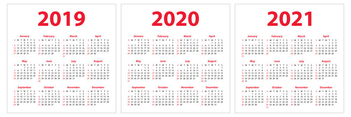 Calendar 2019, 2020, 2021 years. Template set. English. Week starts on Sunday. Basic grid