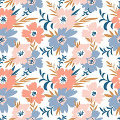 Fototapeta na wymiar Trendy seamless floral ditsy pattern. Fabric design with simple flowers. Vector seamless background. Garden pattern.