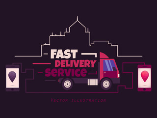 Fast delivery vector illustration. Truck with letters isolated on black. Delivery icon
