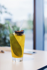 Fresh cold lemonade is on the table