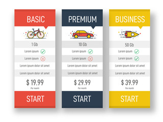 Price table for websites and applications. Business template in flat style. Vector illustration