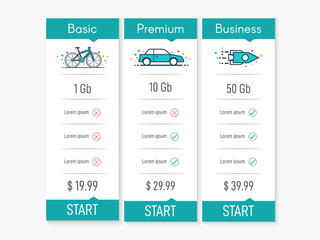 Price table for websites and applications. Business template in flat style. Vector illustration