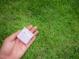 Small gift box on hand in green grass field.