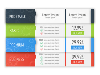 Price table for websites and applications. Business infographic template. Vector illustration