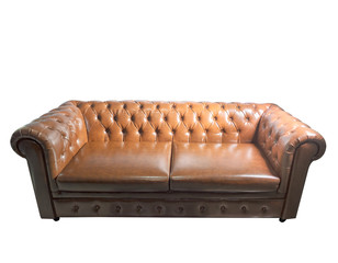 Brown vintage leather sofa furniture isolated on white background.