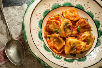 Fresh Homemade Tortellini with Tomato Sauce and Mozzarella Cheese on Rustic Plate
