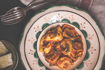 Fresh Homemade Tortellini with Tomato Sauce and Mozzarella Cheese on Rustic Plate