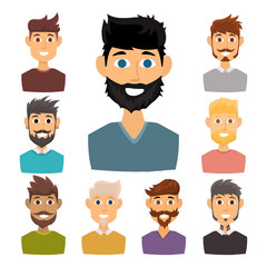 Character of various expressions bearded man face avatar and fashion hipster hairstyle head person with mustache vector illustration.