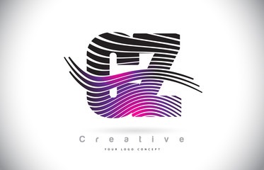 CZ C Z Zebra Texture Letter Logo Design With Creative Lines and Swosh in Purple Magenta Color.