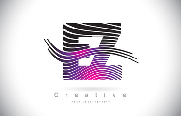 EZ E Z Zebra Texture Letter Logo Design With Creative Lines and Swosh in Purple Magenta Color.