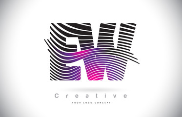 EW E W Zebra Texture Letter Logo Design With Creative Lines and Swosh in Purple Magenta Color.