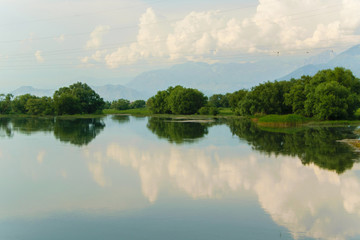 Fototapeta na wymiar Scenic summer landscape of the tranquil waters of The Lake of Shkodra, Albania