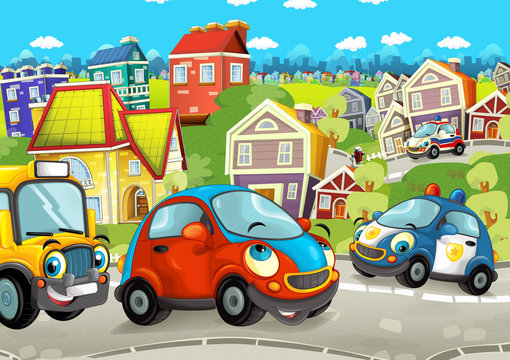cartoon scene with happy cars on the street driving through the city - illustration for children © honeyflavour