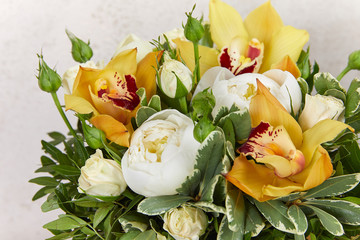 beautiful bouquet with roses, peonies and lilies