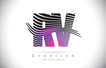 RV R V Zebra Texture Letter Logo Design With Creative Lines and Swosh in Purple Magenta Color.