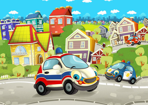 cartoon scene with happy cars on street going through the city - illustration for children © honeyflavour