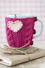 Blue cup in a pink sweater with felt hearts