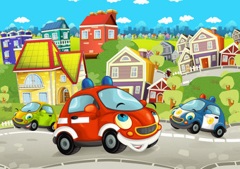 Obraz na płótnie Canvas cartoon scene with happy cars on street going through the city - illustration for children