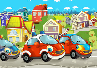 cartoon scene with happy cars on street going through the city - with police and fireman vehicles - illustration for children