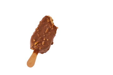bitten chocolate ice cream bar isolated on white background, almonds ice lolly