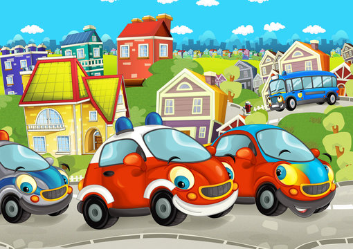 cartoon scene with happy cars on street going through the city - with police and fireman vehicles - illustration for children © honeyflavour