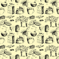 Vector cacaoproducten hand getrokken schets doodle naadloze patroon achtergrond voedsel chocolade zoete illustratie.