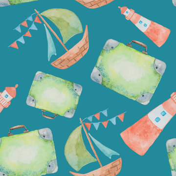 Seamless pattern on a sea theme painted watercolor on a green background