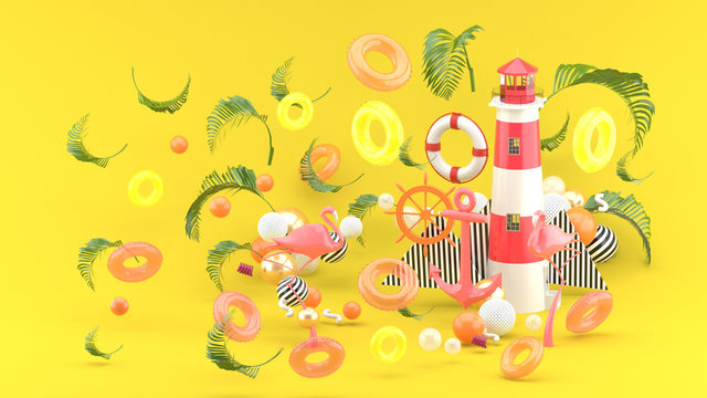 Pink anchor,flamingo and lighthouse.among the colorful boia on the yellow background. - 3d render.