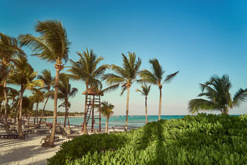 Fototapeta na wymiar View at luxury resort hotel beach of tropical coast. Place of lifeguard. Leaves of coconut palms fluttering in wind against blue sky. Turquoise water of Caribbean Sea. Riviera Maya Mexico.