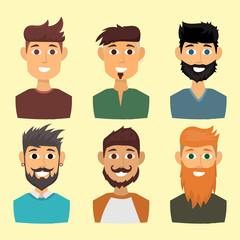 Character of various expressions bearded man face avatar and fashion hipster hairstyle head person with mustache vector illustration.