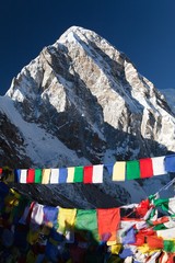 Mount Pumo Ri with buddhist prayer flags
