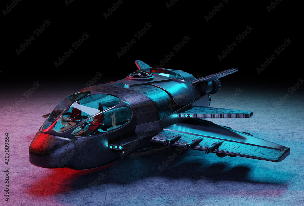 Poster Futuristic spacecraft isolated on dark background 3D rendering
