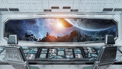 White clean spaceship interior with view on planet Earth 3D rendering