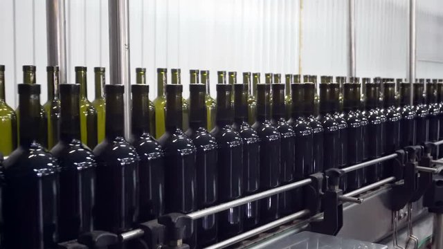 Bottling and sealing conveyor line at winery factory
