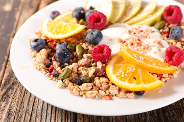 healthy breakfast with cereal, dairy and fruit