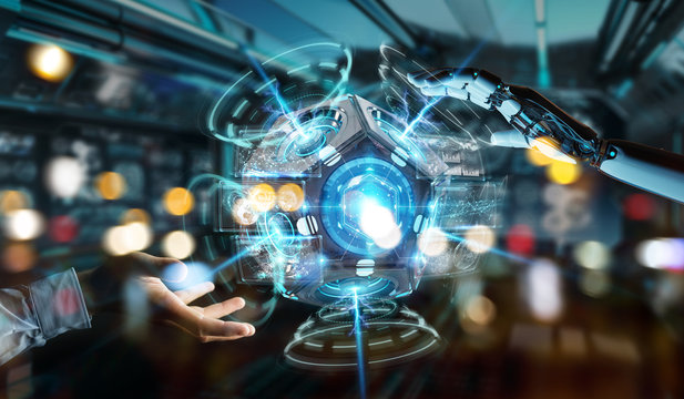 White humanoid hand using drone security camera 3D rendering