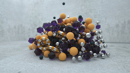 3D Abstract Graphics Background with glossy balls, golden bubbles, and metallic spheres, depth of field and stylish look.