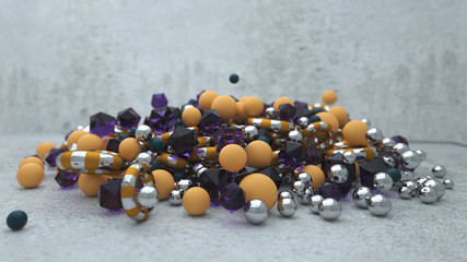 3D Abstract Graphics Background with glossy balls, golden bubbles, and metallic spheres, depth of field and stylish look.