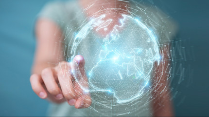 Businesswoman using globe network hologram with Europe map 3D rendering